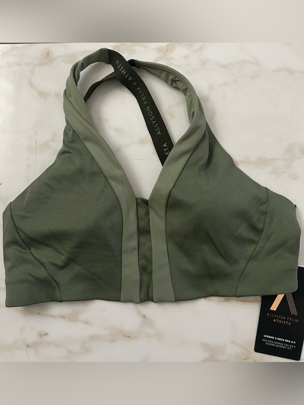 Athleta Olive Green Halter-Style Sports Bra with Contrast Trim